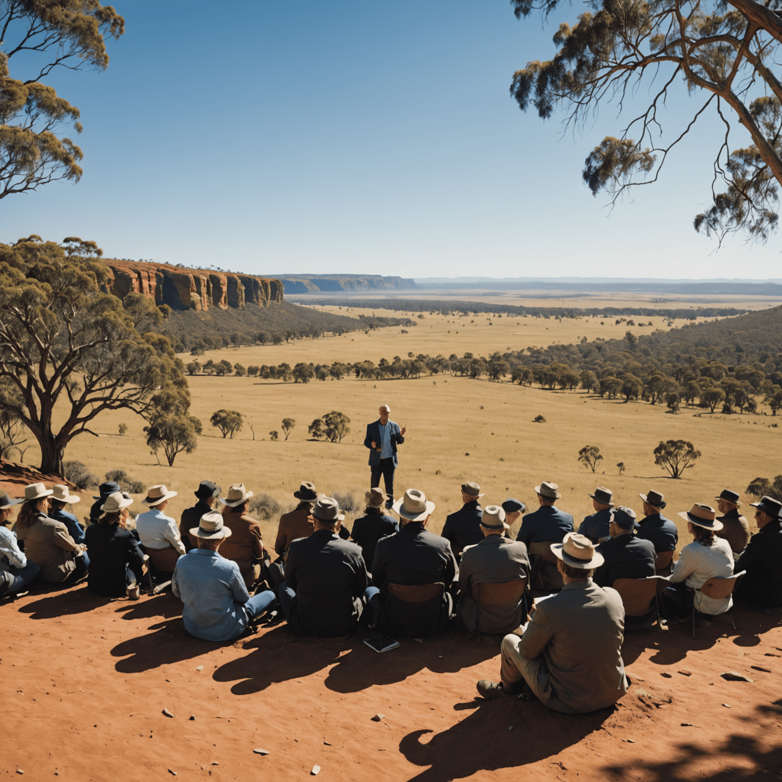 Panoramic view of Australian landscape with a person speaking to a group, symbolizing our mission to empower speakers in diverse settings