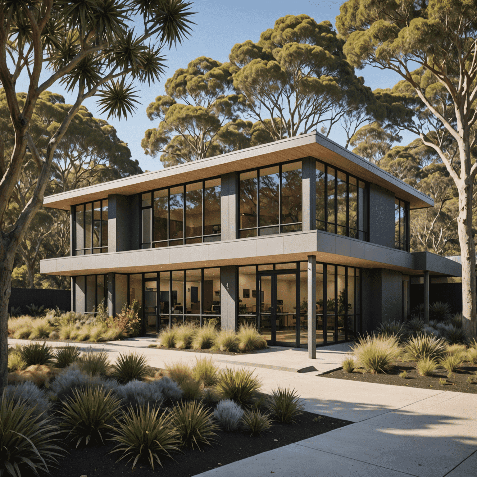 TalkStrong Academy building exterior, a modern structure with large windows and a welcoming entrance, surrounded by native Australian plants