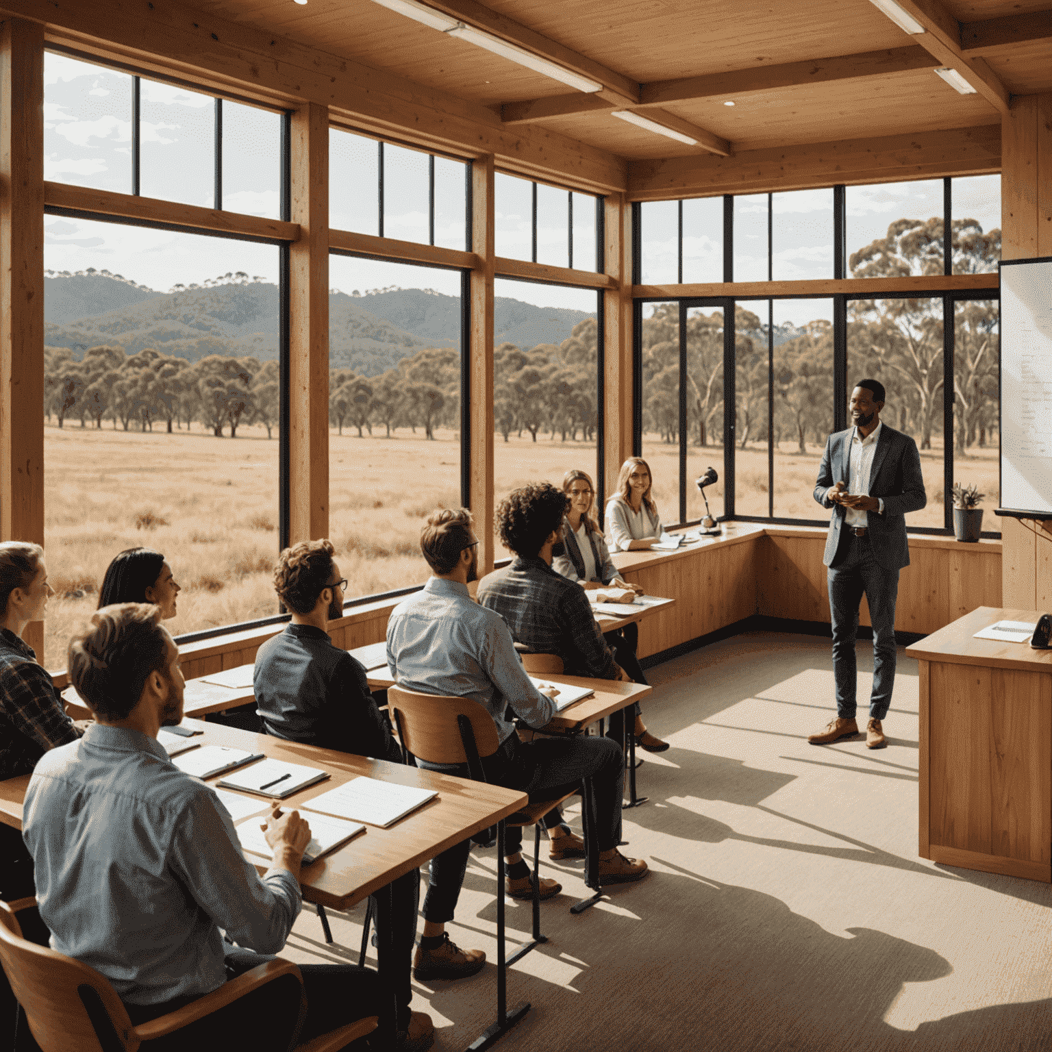 A diverse group of people practicing public speaking in a warm, inviting classroom setting with natural wood accents and large windows overlooking an Australian landscape