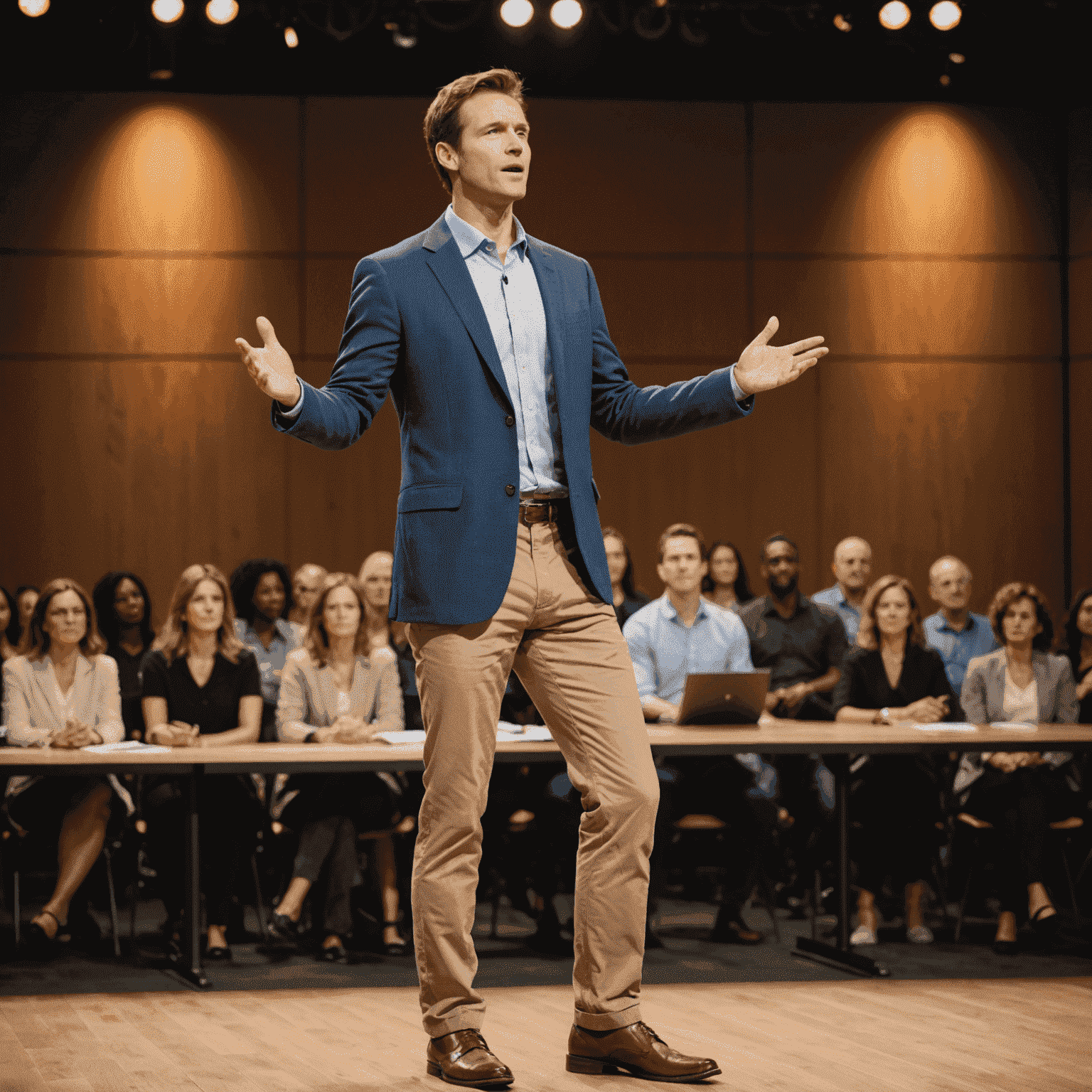 A person demonstrating confident body language while speaking on stage, with proper posture, open gestures, and engaging eye contact