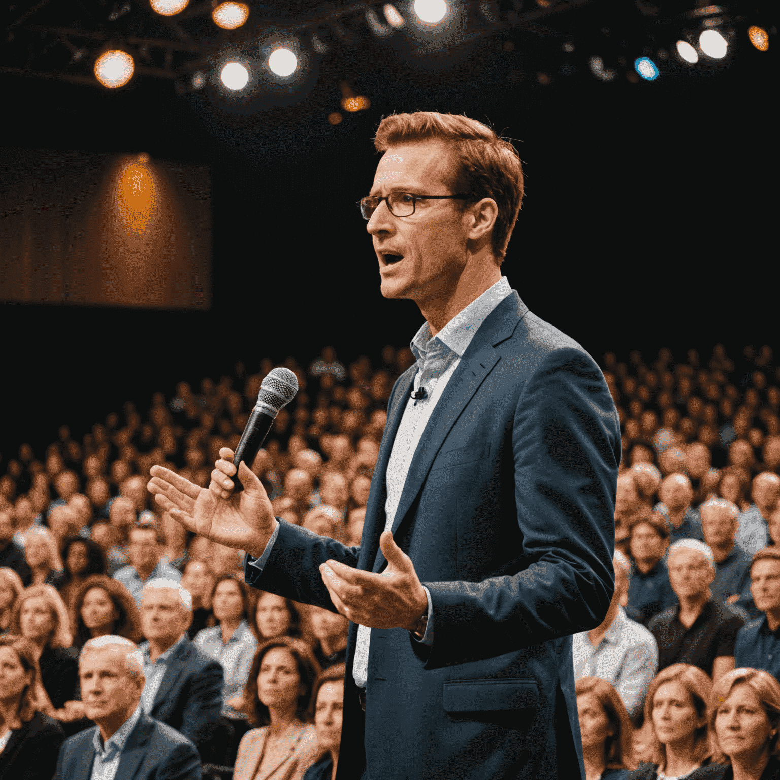 A person confidently speaking on stage to a large audience, with body language showing poise and self-assurance