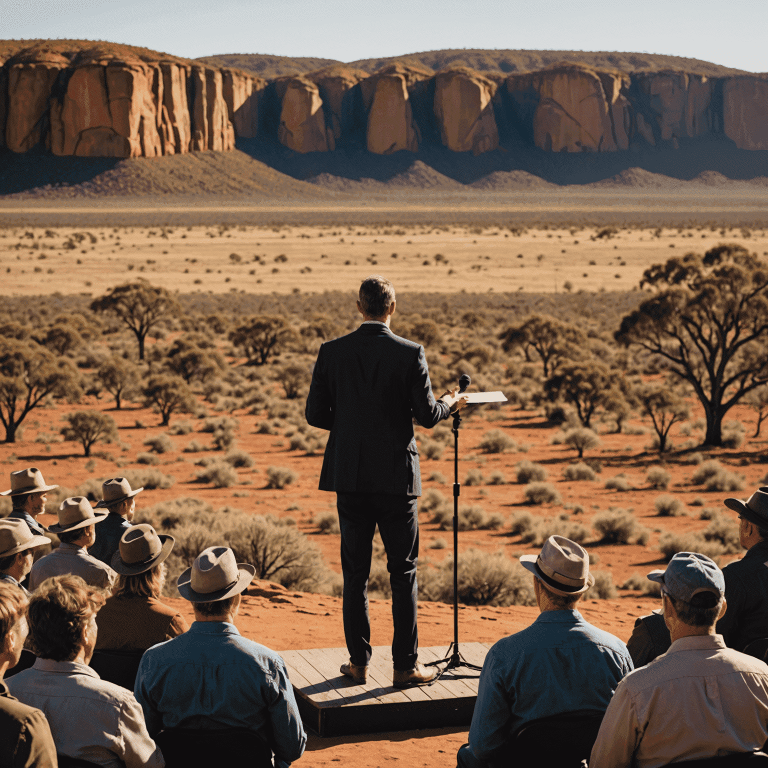 A speaker captivating an audience with a powerful opening statement, standing on a stage with a backdrop of the Australian outback