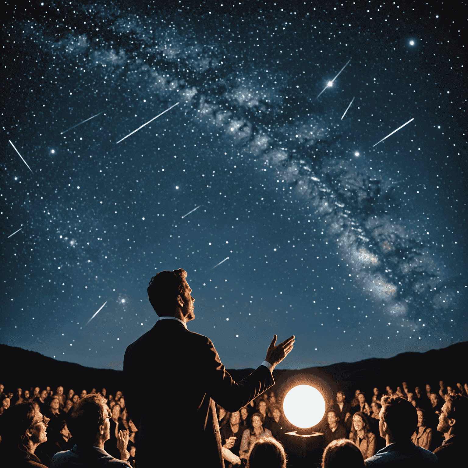 A speaker captivating an audience with an engaging story, gesturing expressively on a stage with a backdrop of a starry night sky, symbolizing the magic of storytelling