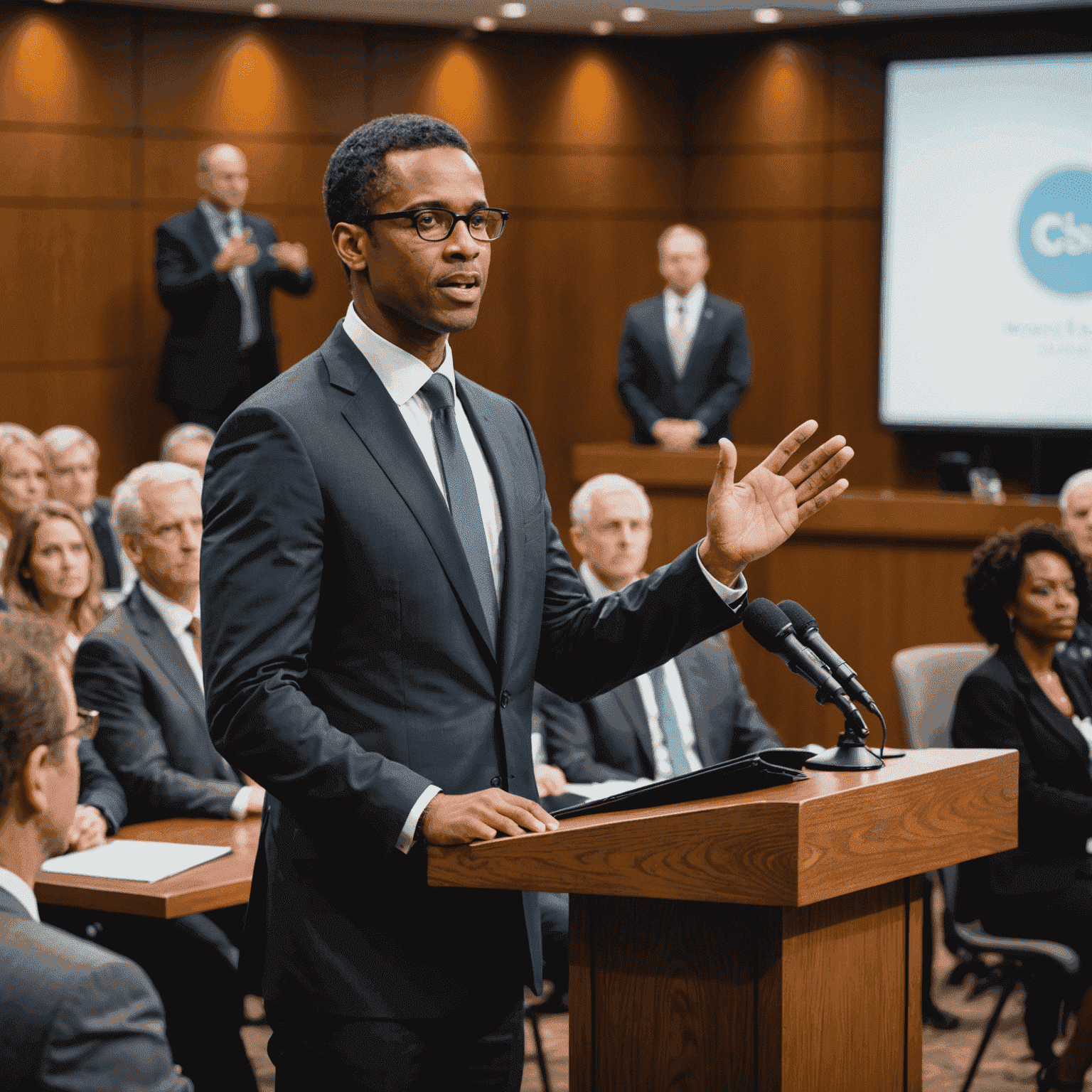 A confident speaker at a podium fielding questions from an engaged audience in a professional conference setting. The speaker maintains eye contact and an open posture, demonstrating poise under pressure.