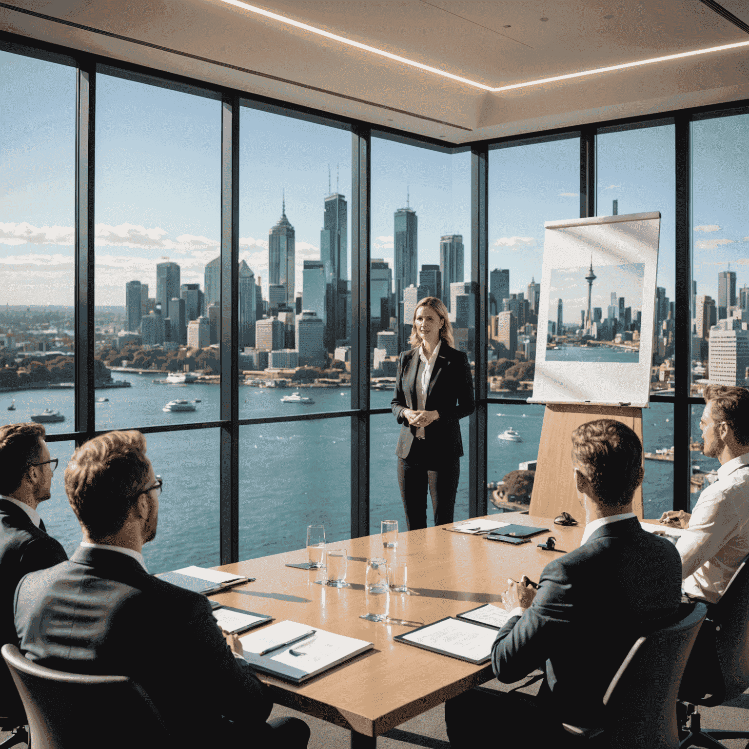 A confident speaker delivering a presentation to an engaged audience in a modern conference room with Australian art and a view of the Sydney skyline