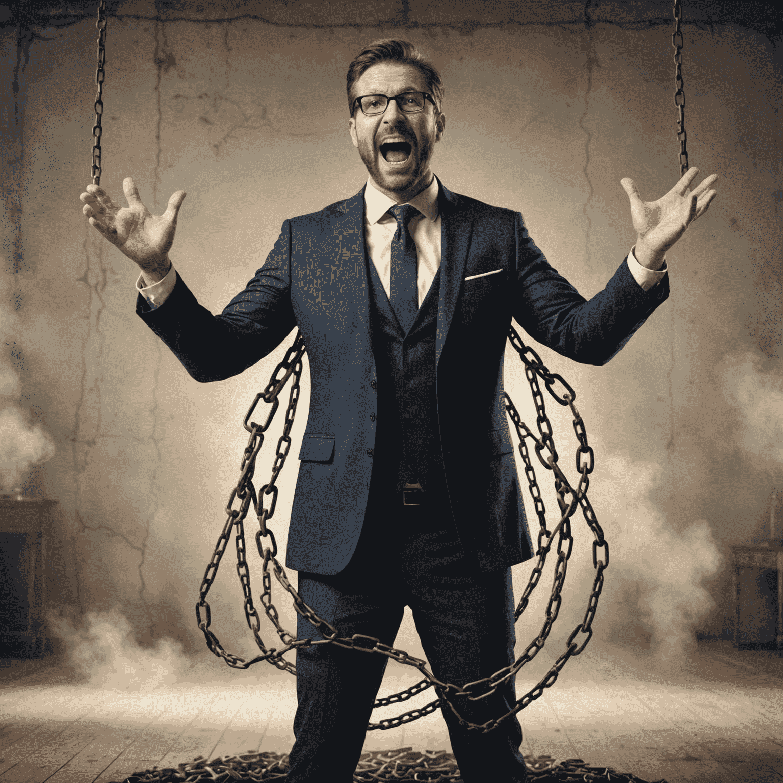 A nervous speaker transforming into a confident presenter, with visual metaphors of breaking chains and rising above fear