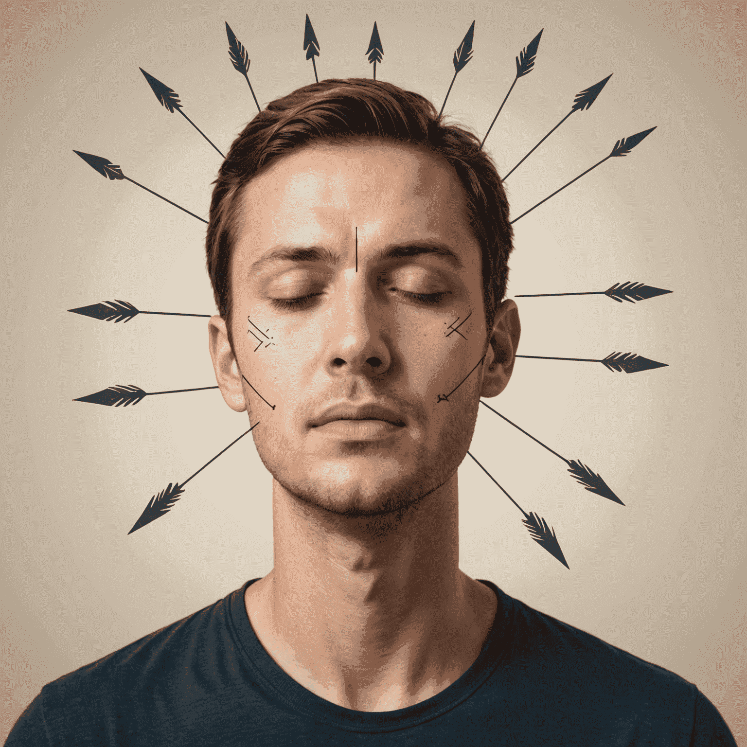 A person demonstrating deep breathing exercises, with arrows showing the breath flow and a calm expression on their face