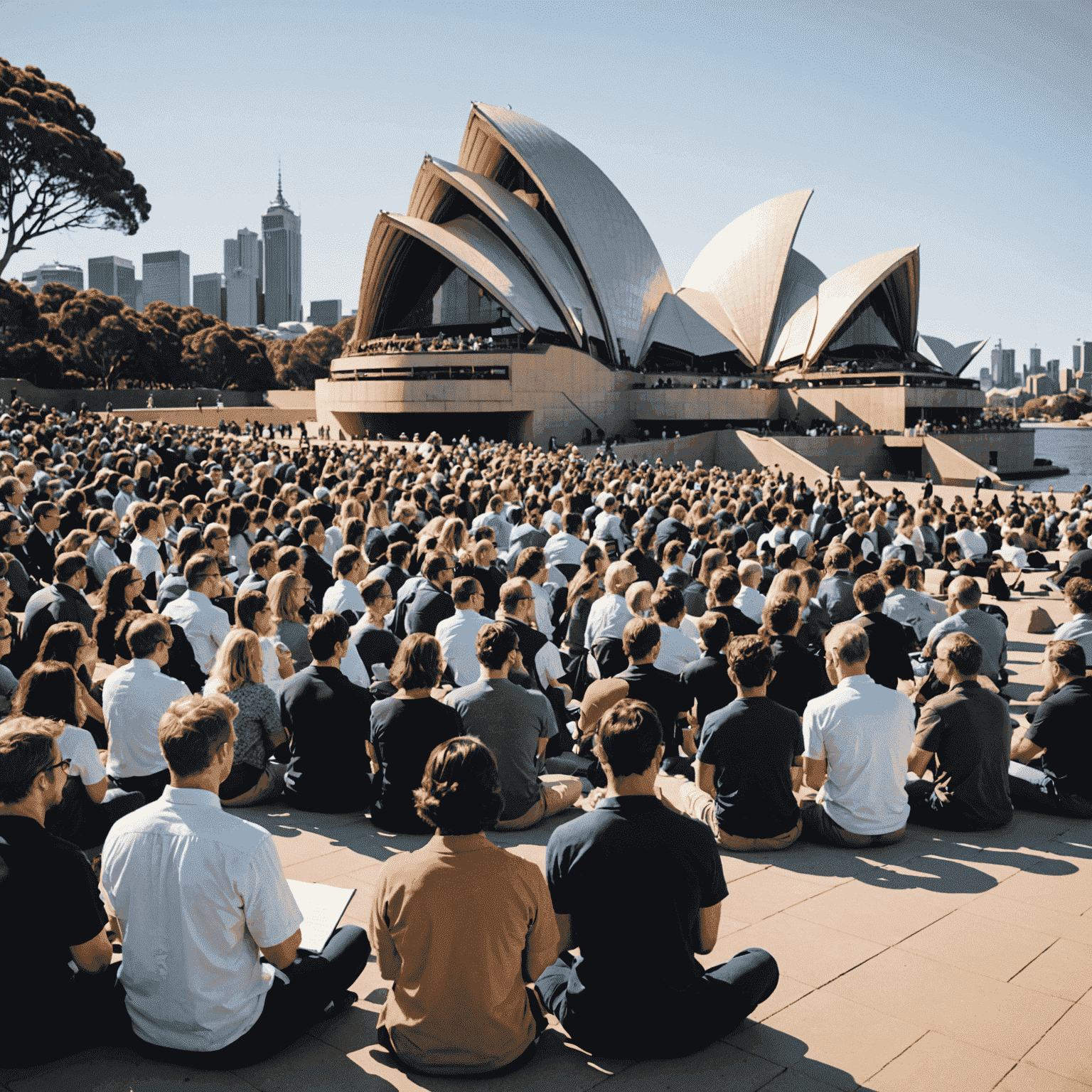 A diverse group of people practicing public speaking techniques in an outdoor amphitheater with the Sydney Opera House visible in the background