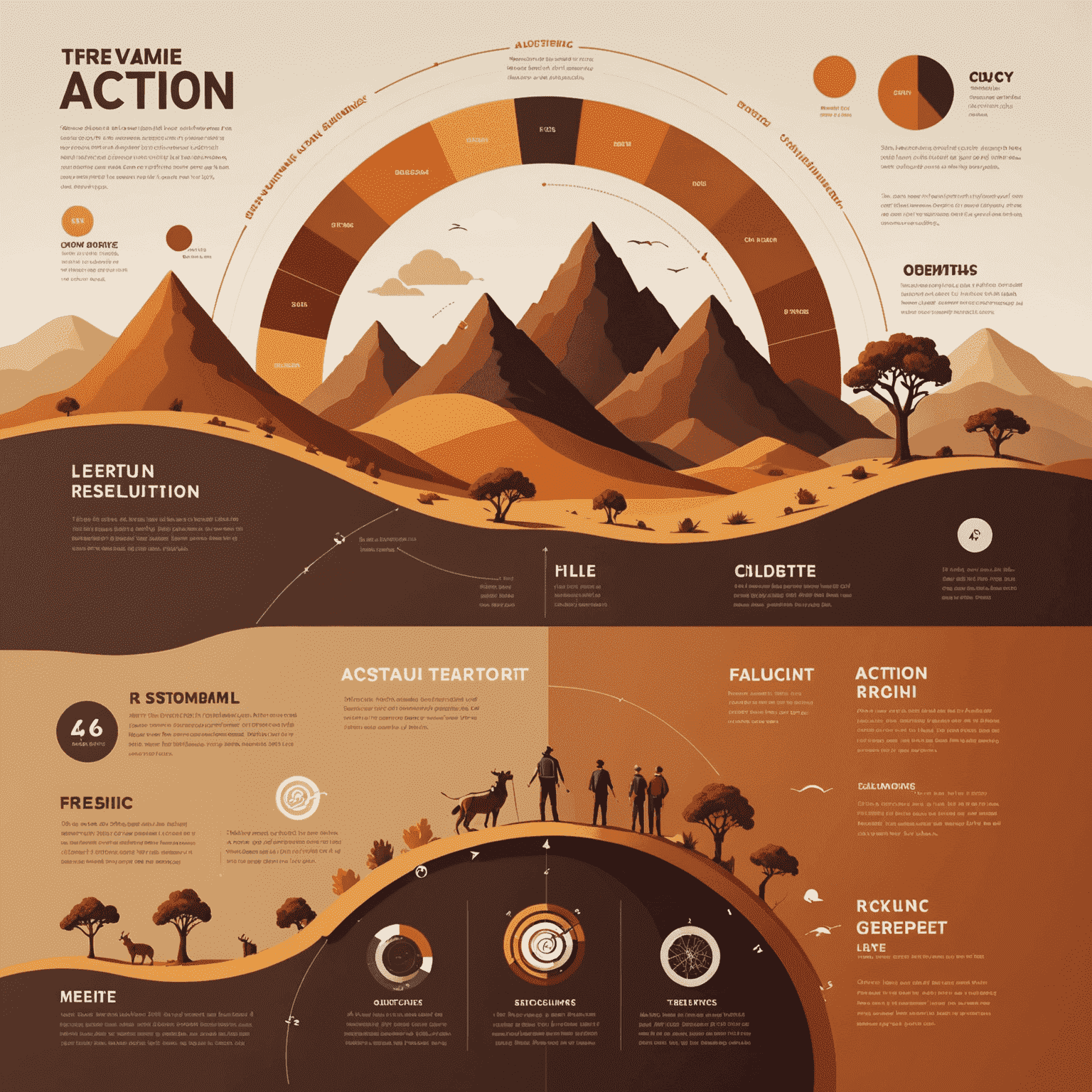 An infographic showing the story arc with setup, rising action, climax, falling action, and resolution, using warm earthy tones and organic shapes
