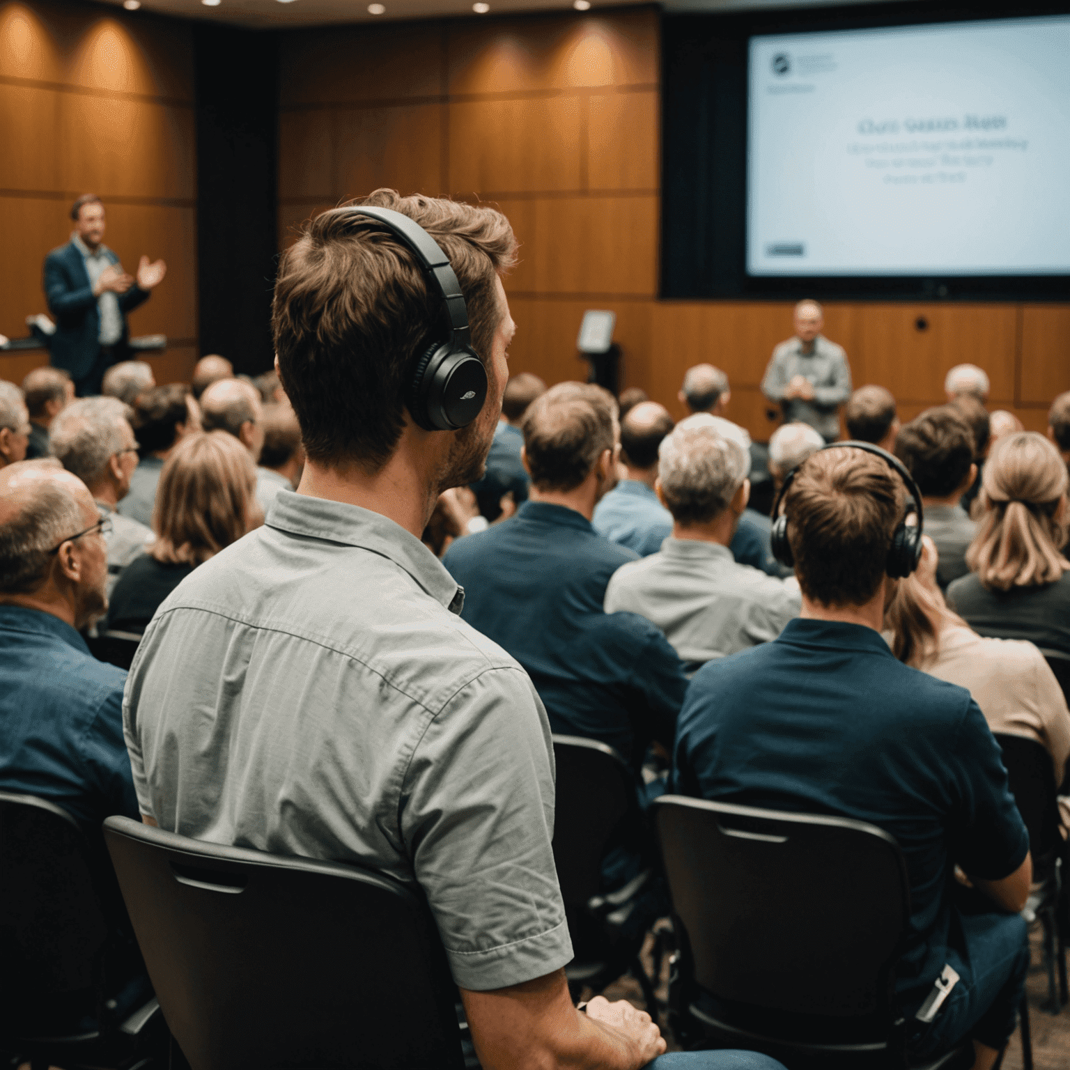 A split-screen image: on one side, a speaker leaning forward, clearly listening intently to an audience member. On the other side, the same speaker responding thoughtfully, gesturing to emphasize points.