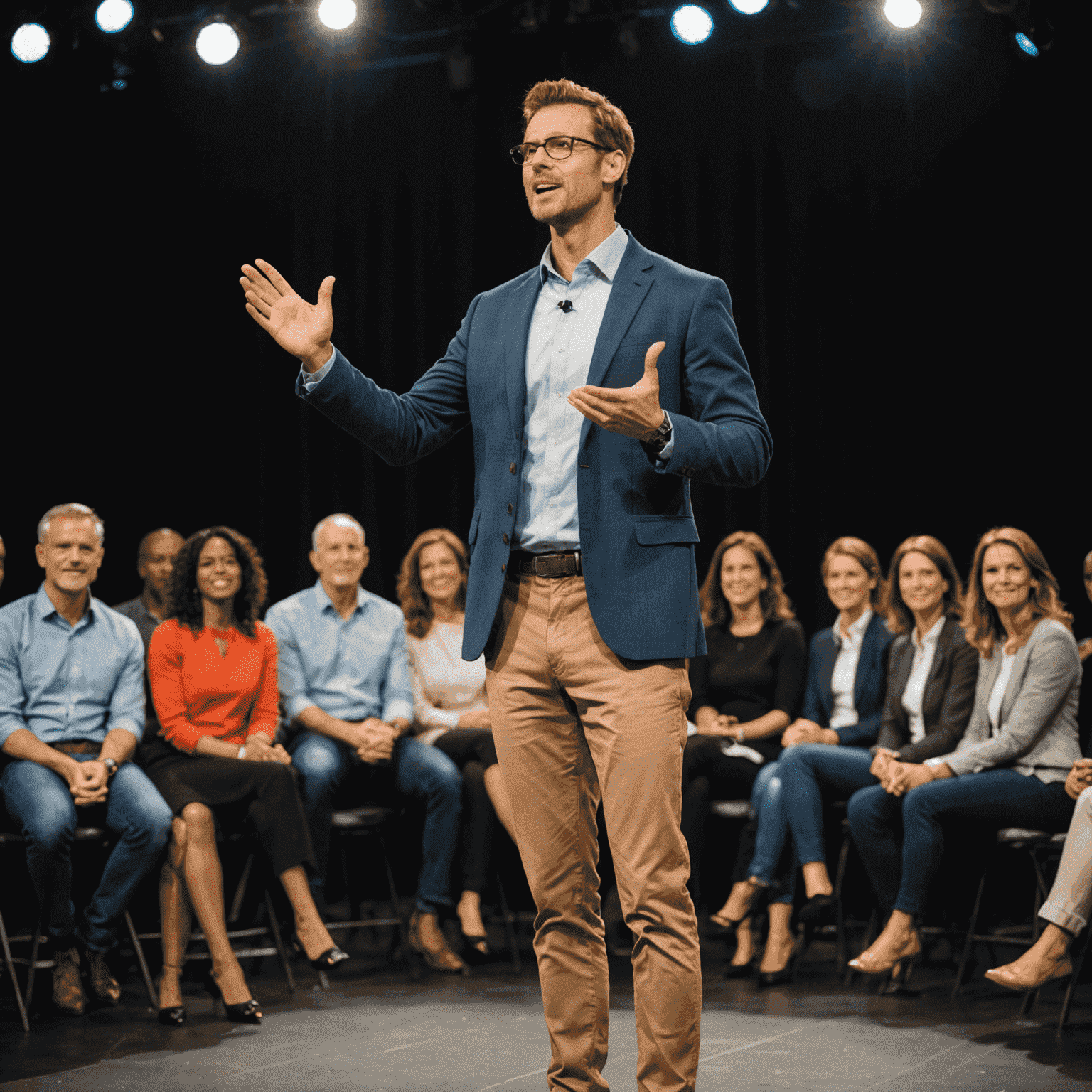 A person demonstrating confident body language while speaking on stage, with proper posture, open gestures, and engaging eye contact with the audience.