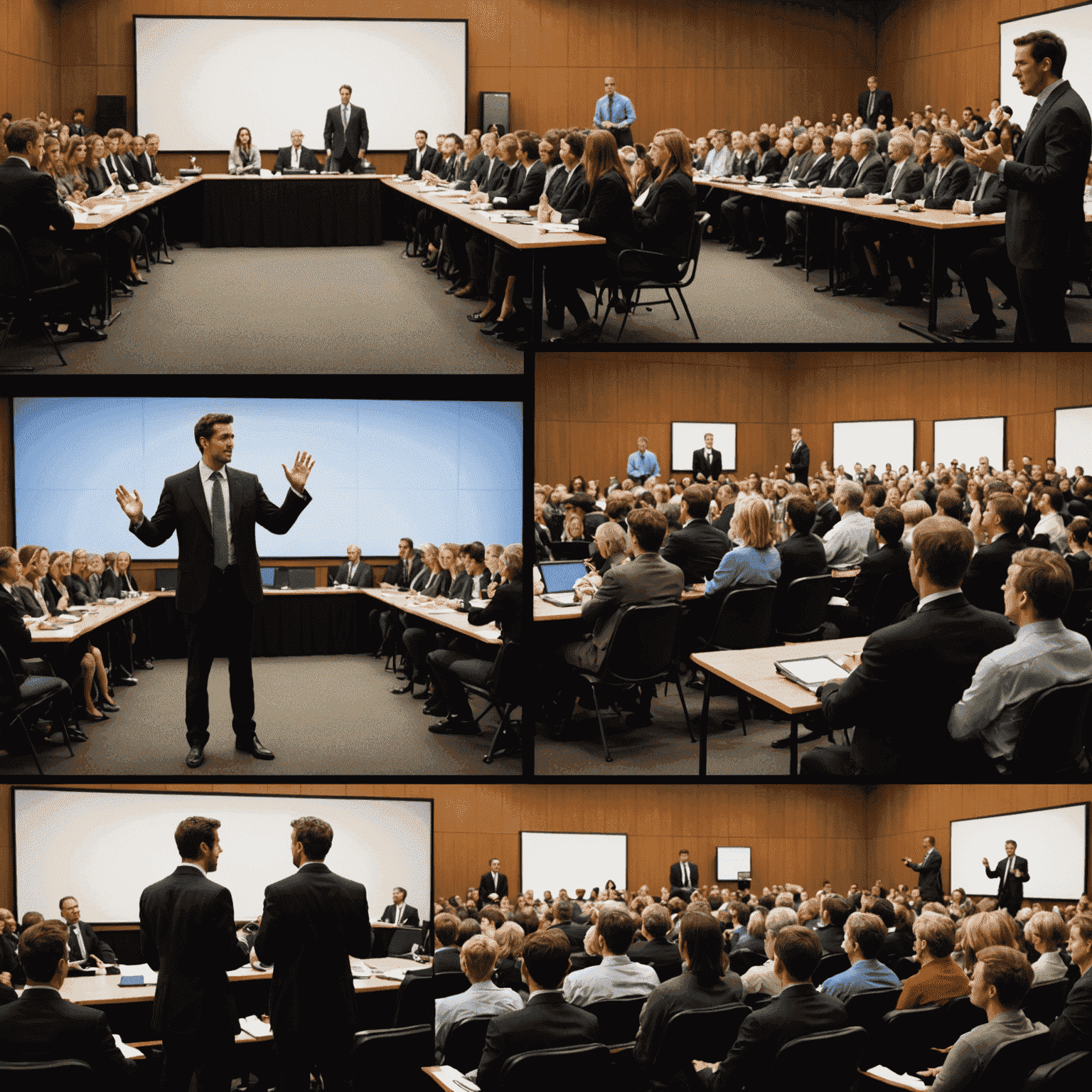 A montage showing a speaker captivating an audience at the beginning and leaving them inspired at the end of a presentation