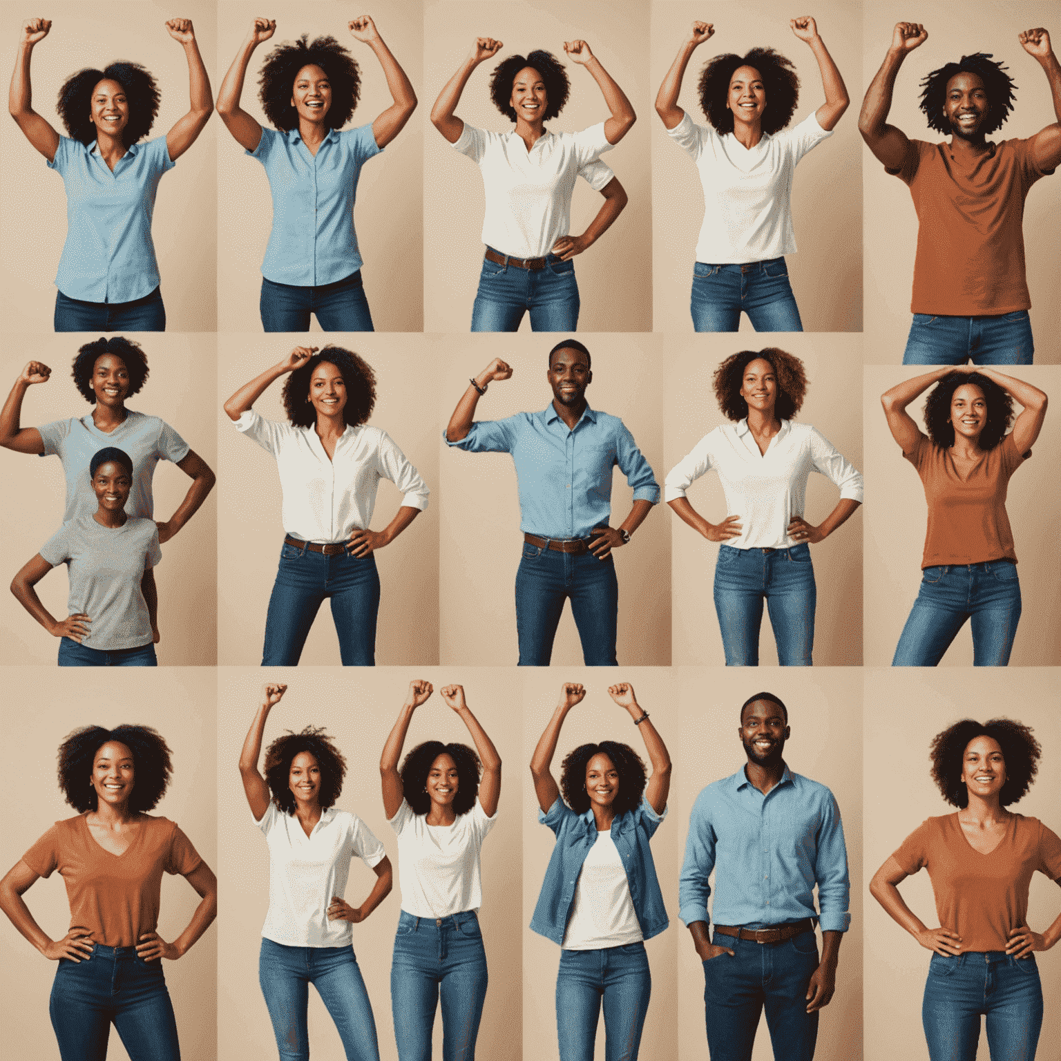 A collage of people demonstrating various power poses, including hands on hips and arms raised in a V shape