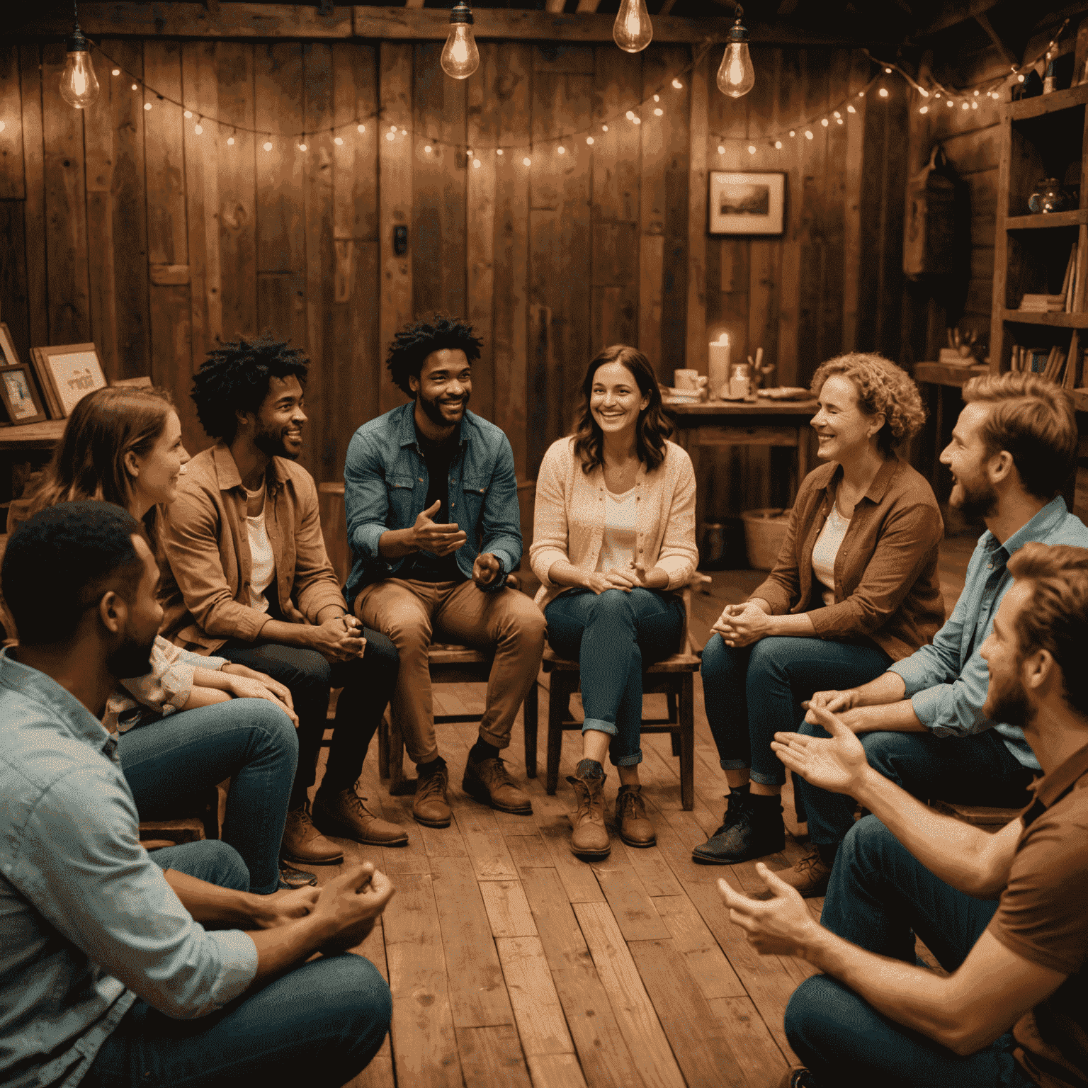 A diverse group of people engaged in a storytelling workshop, sitting in a circle and gesturing animatedly, with warm lighting and a rustic wooden backdrop