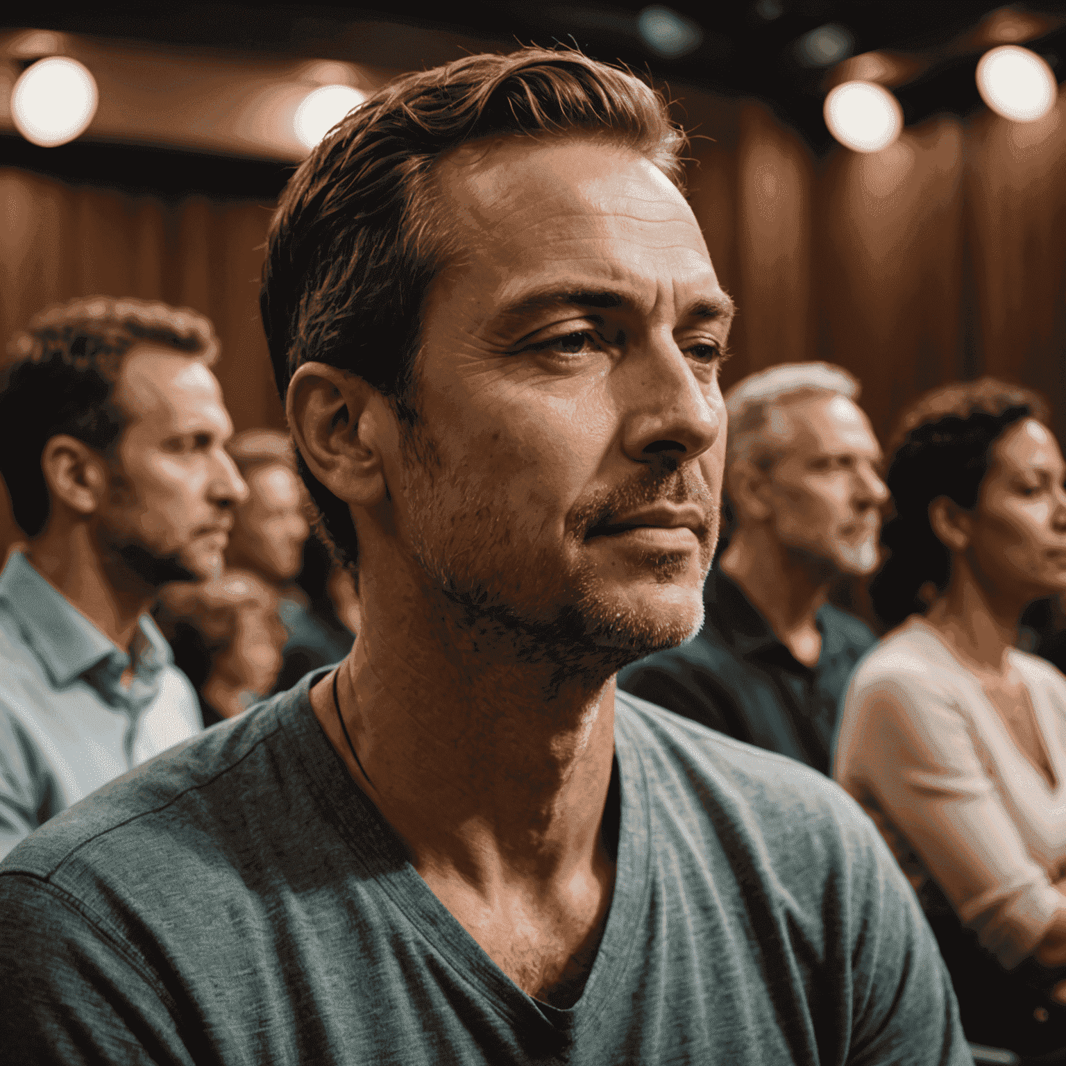 A speaker taking deep breaths and using relaxation techniques before going on stage, with a calm and focused expression.