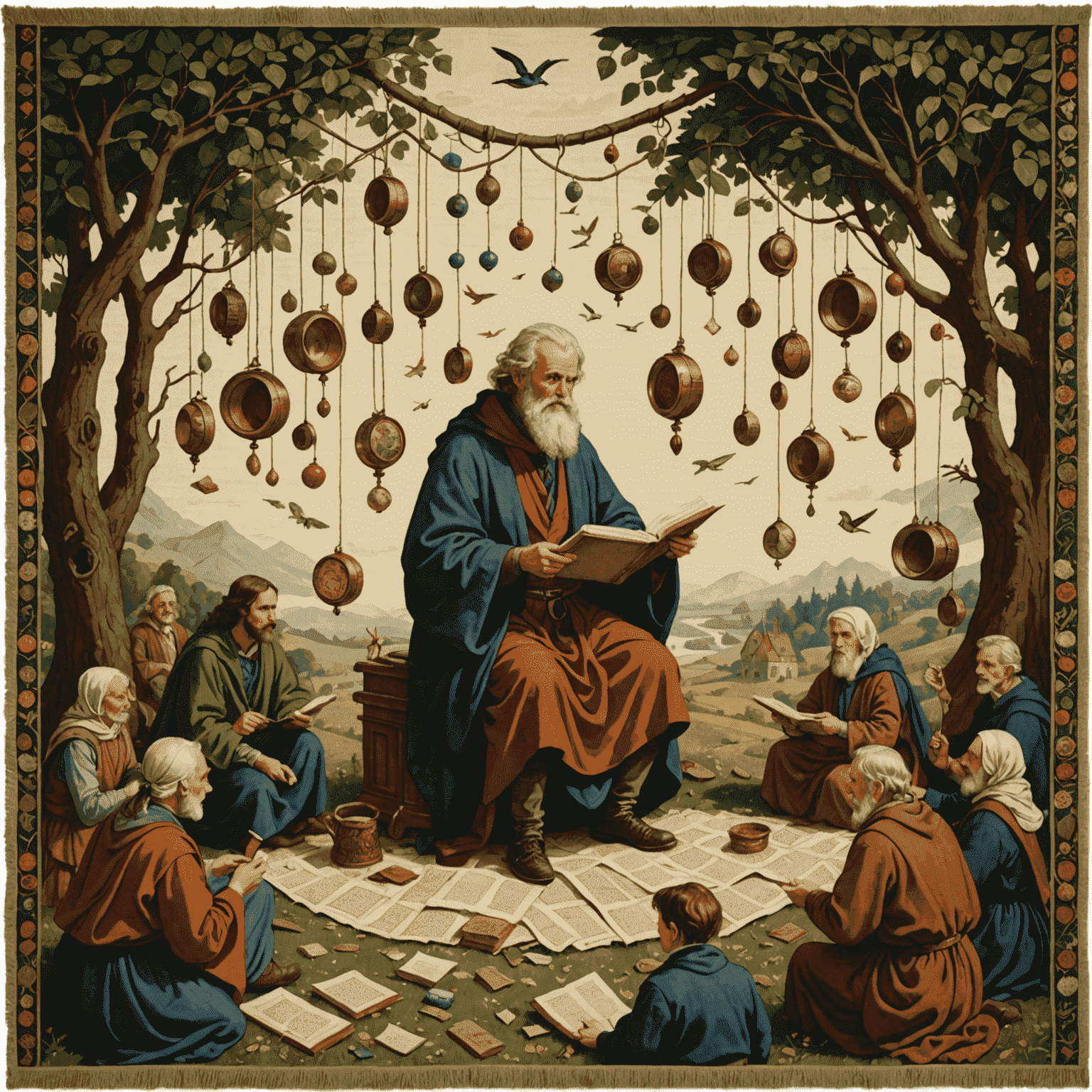 An illustrative image of a speaker weaving a tapestry of stories, with characters and plot elements floating around them