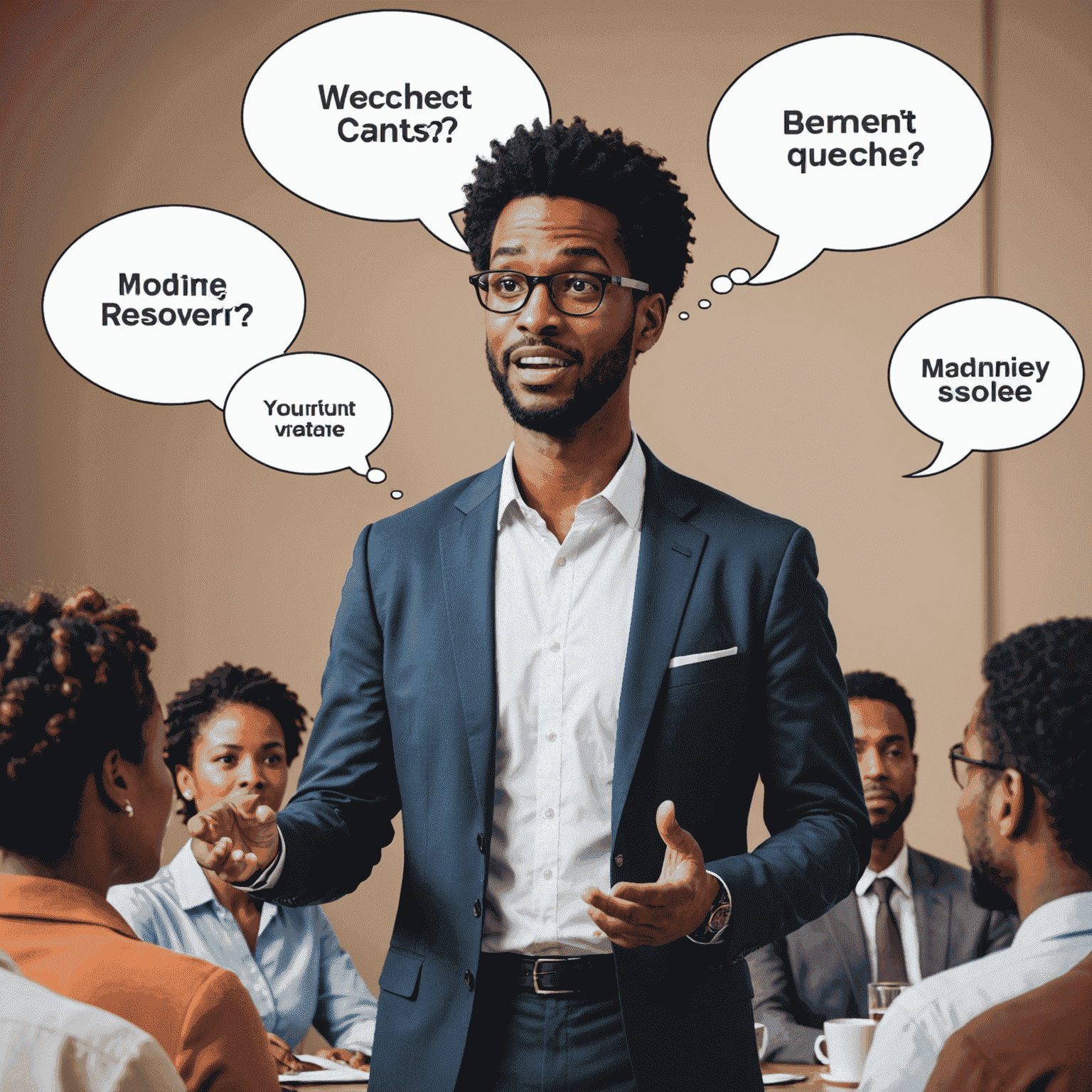 A confident speaker skillfully addressing audience questions, with thought bubbles showing quick thinking and problem-solving